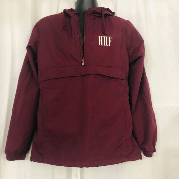 NWOT HUF MENS MAROON SMALL HOODED HALF ZIP WINDBREAKER W ELASTIC AND 3 POCKETS - Picture 2 of 10